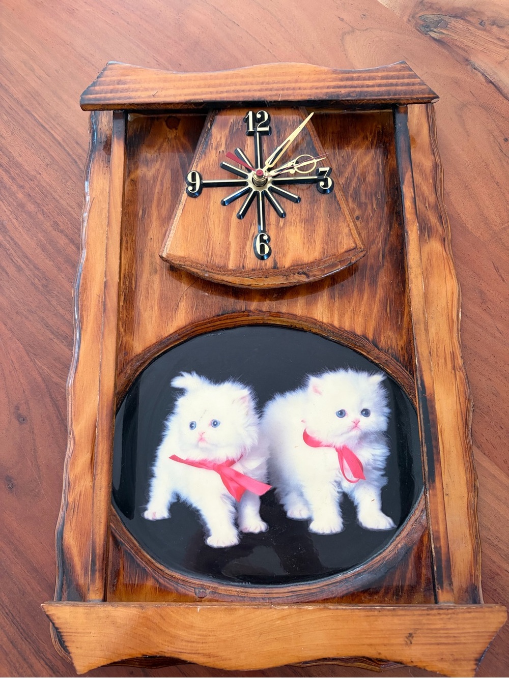 Brown Wooden Wall Clock with White Kittens farmhouse works quirky